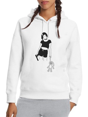 Qivi Mathilda Sevginin Gücü Leon The Professional Baskılı Beyaz Kadın Örme Kapşonlu Sweatshirt Uzun Kol