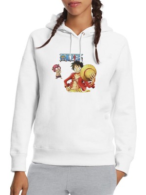Qivi Anime One Piece Luffy Hat Baskılı Beyaz Kadın Örme Kapşonlu Sweatshirt Uzun Kol