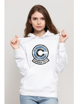 Qivi Capsule Baskılı Beyaz Kadın Örme Kapşonlu Sweatshirt Uzun Kol