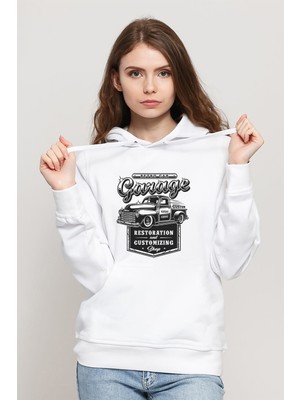Qivi Retro Car Garage Baskılı Beyaz Kadın Örme Kapşonlu Sweatshirt Uzun Kol