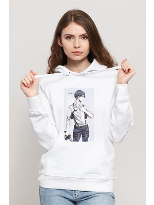 Qivi Anime Attack On Titan Baskılı Beyaz Kadın Örme Kapşonlu Sweatshirt Uzun Kol