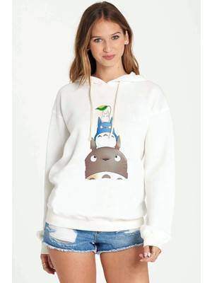Qivi Komşum My Neighbor Totoro Baskılı Beyaz Kadın Örme Kapşonlu Sweatshirt Uzun Kol