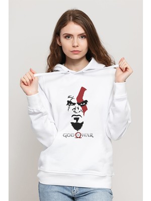 Qivi God Of War 2 Face Baskılı Beyaz Kadın Örme Kapşonlu Sweatshirt Uzun Kol