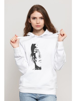 Qivi Anime One Punch Man Baskılı Beyaz Kadın Örme Kapşonlu Sweatshirt Uzun Kol