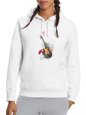 Qivi Gitar Müzik Rock Art Baskılı Beyaz Kadın Örme Kapşonlu Sweatshirt Uzun Kol