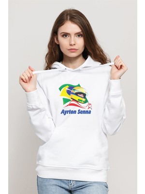 Qivi Formula F1 Ayrton Senna F1 Car Baskılı Beyaz Kadın Örme Kapşonlu Sweatshirt Uzun Kol