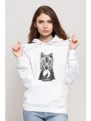 Qivi Kurt Dolunay Baskılı Beyaz Kadın Örme Kapşonlu Sweatshirt Uzun Kol