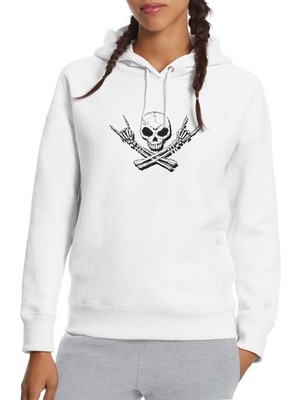 Qivi Skull Rock Müzik Masaüstü Parmak Inciler Baskılı Beyaz Kadın Örme Kapşonlu Sweatshirt Uzun Kol