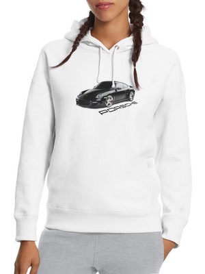 Qivi Porsche Baskılı Beyaz Kadın Örme Kapşonlu Sweatshirt Uzun Kol
