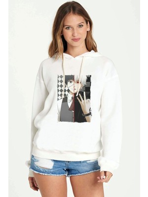 Qivi Anime Tokyo Ghoul Anteiku Baskılı Beyaz Kadın Örme Kapşonlu Sweatshirt Uzun Kol