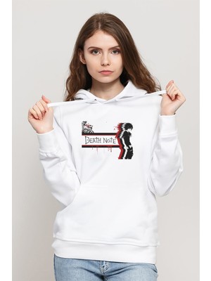 Qivi Anime Death Note Baskılı Beyaz Kadın Örme Kapşonlu Sweatshirt Uzun Kol