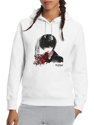 Qivi Anime Tokyo Ghoul Anteiku Baskılı Beyaz Kadın Örme Kapşonlu Sweatshirt Uzun Kol