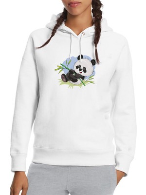 Qivi Panda Baskılı Beyaz Kadın Örme Kapşonlu Sweatshirt Uzun Kol