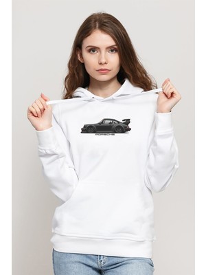 Qivi Porsche 911 Baskılı Beyaz Kadın Örme Kapşonlu Sweatshirt Uzun Kol