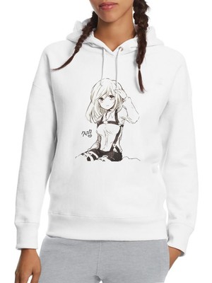 Qivi Anime Attack On Titan Baskılı Beyaz Kadın Örme Kapşonlu Sweatshirt Uzun Kol
