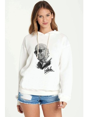 Qivi Stan Lee Marvel Rest In Peace Baskılı Beyaz Kadın Örme Kapşonlu Sweatshirt Uzun Kol