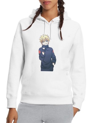 Qivi Anime Naruto Slugfest Baskılı Beyaz Kadın Örme Kapşonlu Sweatshirt Uzun Kol