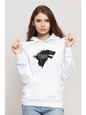 Qivi Game Of Thrones Baskılı Beyaz Kadın Örme Kapşonlu Sweatshirt Uzun Kol