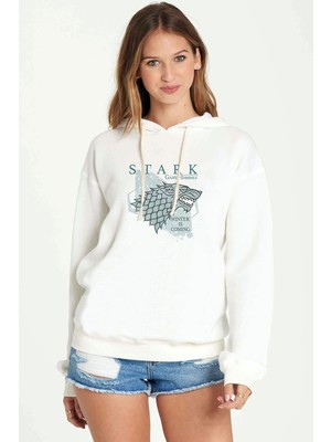 Qivi Game Of Thrones Baskılı Beyaz Kadın Örme Kapşonlu Sweatshirt Uzun Kol