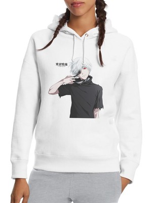 Qivi Anime Tokyo Ghoul Anteiku Baskılı Beyaz Kadın Örme Kapşonlu Sweatshirt Uzun Kol