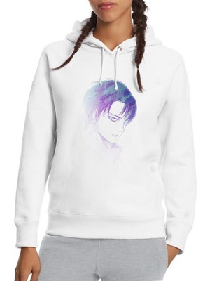 Qivi Anime Attack On Titan Baskılı Beyaz Kadın Örme Kapşonlu Sweatshirt Uzun Kol