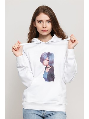 Qivi Anime Tokyo Ghoul Anteiku Baskılı Beyaz Kadın Örme Kapşonlu Sweatshirt Uzun Kol