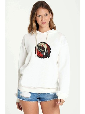 Qivi Gta V Clan Logo Baskılı Beyaz Kadın Örme Kapşonlu Sweatshirt Uzun Kol