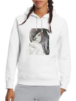 Qivi Anime Tokyo Ghoul Anteiku Baskılı Beyaz Kadın Örme Kapşonlu Sweatshirt Uzun Kol