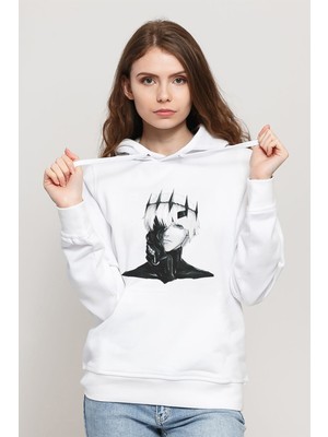 Qivi Anime Tokyo Ghoul Anteiku Baskılı Beyaz Kadın Örme Kapşonlu Sweatshirt Uzun Kol