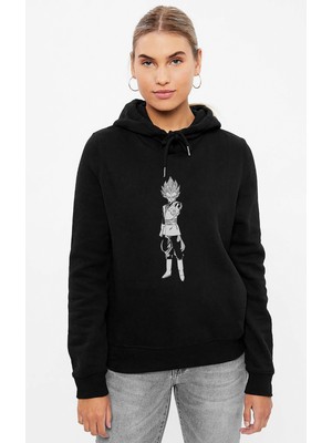 Qivi Anime Dragon Ball Baskılı Siyah Kadın Örme Kapşonlu Sweashirt Uzun Kol