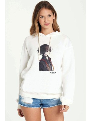 Qivi Anime Tokyo Ghoul Anteiku Baskılı Beyaz Kadın Örme Kapşonlu Sweatshirt Uzun Kol
