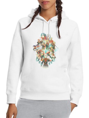 Qivi Anime Tokyo Ghoul Anteiku Baskılı Beyaz Kadın Örme Kapşonlu Sweatshirt Uzun Kol