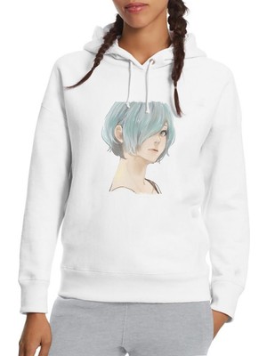 Qivi Anime Tokyo Ghoul Anteiku Baskılı Beyaz Kadın Örme Kapşonlu Sweatshirt Uzun Kol