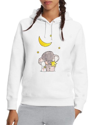 Qivi Fil ve Tavşan Baskılı Beyaz Kadın Örme Kapşonlu Sweatshirt Uzun Kol