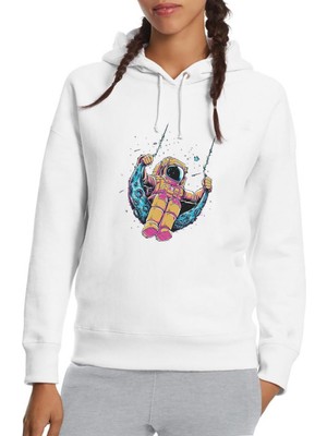 Qivi Astronot Ay Salıncak Çocuk Baskılı Beyaz Kadın Örme Kapşonlu Sweatshirt Uzun Kol