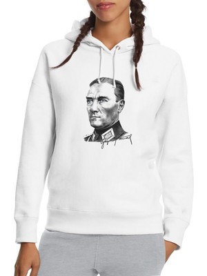 Qivi Gazi M Kemal Atatürk Portre Baskılı Beyaz Kadın Örme Kapşonlu Sweatshirt Uzun Kol