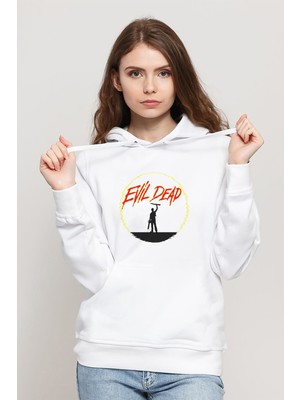 Qivi Silhouette Evil Dead Baskılı Beyaz Kadın Örme Kapşonlu Sweatshirt Uzun Kol