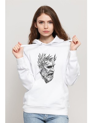 Qivi Sokratez Baskılı Beyaz Kadın Örme Kapşonlu Sweatshirt Uzun Kol