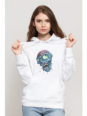 Qivi Zombie Baskılı Beyaz Kadın Örme Kapşonlu Sweatshirt Uzun Kol