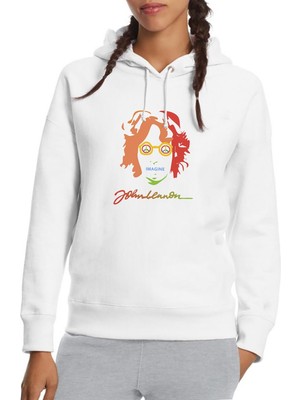 Qivi John Lennon Baskılı Beyaz Kadın Örme Kapşonlu Sweatshirt Uzun Kol