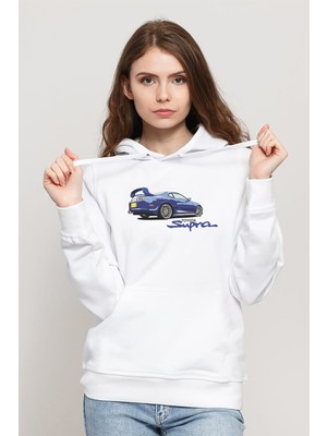 Qivi Toyota Blue Supra Baskılı Beyaz Kadın Örme Kapşonlu Sweatshirt Uzun Kol