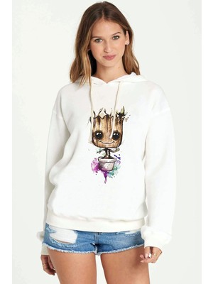 Qivi I Am Groot Water Color Baskılı Beyaz Kadın Örme Kapşonlu Sweatshirt Uzun Kol