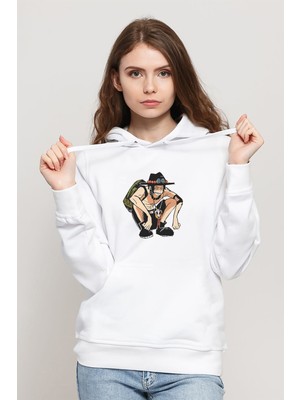 Qivi Anime One Piece Roger Baskılı Beyaz Kadın Örme Kapşonlu Sweatshirt Uzun Kol