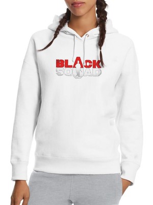 Qivi Black Squad Baskılı Beyaz Kadın Örme Kapşonlu Sweatshirt Uzun Kol