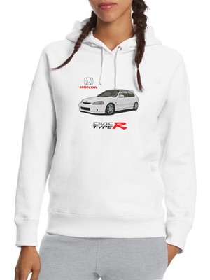 Qivi Araba Typer Baskılı Beyaz Kadın Örme Kapşonlu Sweatshirt Uzun Kol