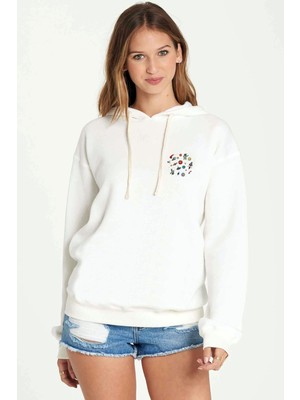 Qivi Uzay Astronomi Göğüs Baskılı Beyaz Kadın Örme Kapşonlu Sweatshirt Uzun Kol