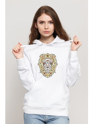 Qivi Lion Floral Baskılı Beyaz Kadın Örme Kapşonlu Sweatshirt Uzun Kol