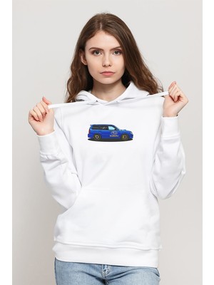Qivi Subaru Forester Baskılı Beyaz Kadın Örme Kapşonlu Sweatshirt Uzun Kol