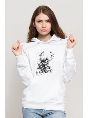 Qivi Ken Kani Tokyo Ghoul Baskılı Beyaz Kadın Örme Kapşonlu Sweatshirt Uzun Kol