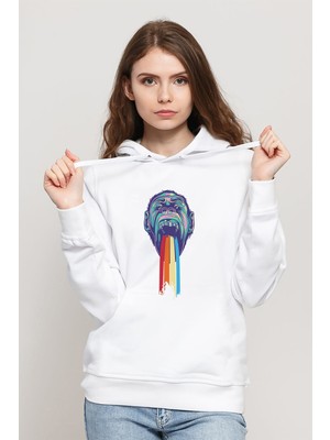 Qivi Monkey Baskılı Beyaz Kadın Örme Kapşonlu Sweatshirt Uzun Kol